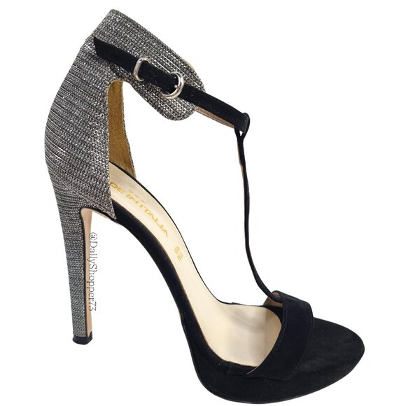 Vera Pelle Italy, women's black suede & metallic Silver pump stiletto heels - Picture 3 of 7